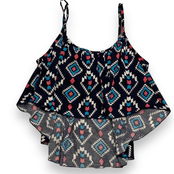 Navy Blue Aztec Tribal Print Crop Top Size X Small - Picture 2 of 3